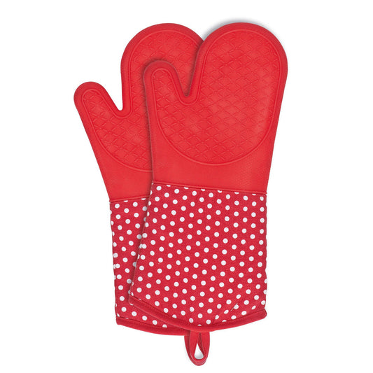 OVEN GLOVES SILICONE 2 PCS - RED W/ WHITE DOTS
